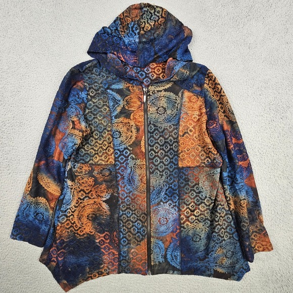 Kamana Zip Up Hoodie Women L Blue Orange Patchwork Burnout Asymmetrical Boho - Picture 2 of 8